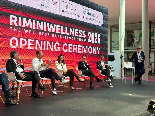 Un momento della cerimonia d'inaugurazione di Riminiwellness 2026, alla quale  ha partecipato il  governatore Massimiliano Fedriga