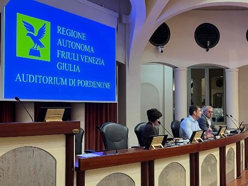 L'intervento del governatore Massimiliano Fedriga durante l'incontro con i lavoratori di Electrolux nell'Auditorium della Regione a Pordenone