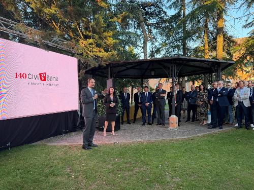 Il governatore del Friuli Venezia Giulia, Massimiliano Fedriga, alla celebrazione per i 140 anni di CiviBank.