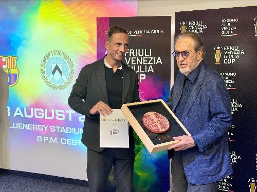 Il governatore Massimiliano Fedriga alla Welcome Ceremony della Friuli Venezia Giulia Cup con il patron dell'Udinese Giampaolo Pozzo