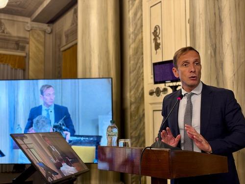 Il governatore Fedriga durante il suo intervento al Festival del cambiamento 2026 a Trieste
