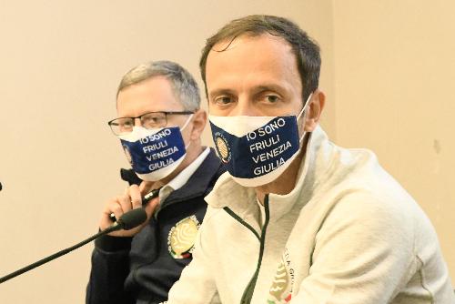 Il governatore Massimiliano Fedriga e l'assessore alle Risorse agroalimentari e forestali Stefano Zannier alla presentazione dei prodotti del marchio 'Io Sono Friuli Venezia Giulia'.