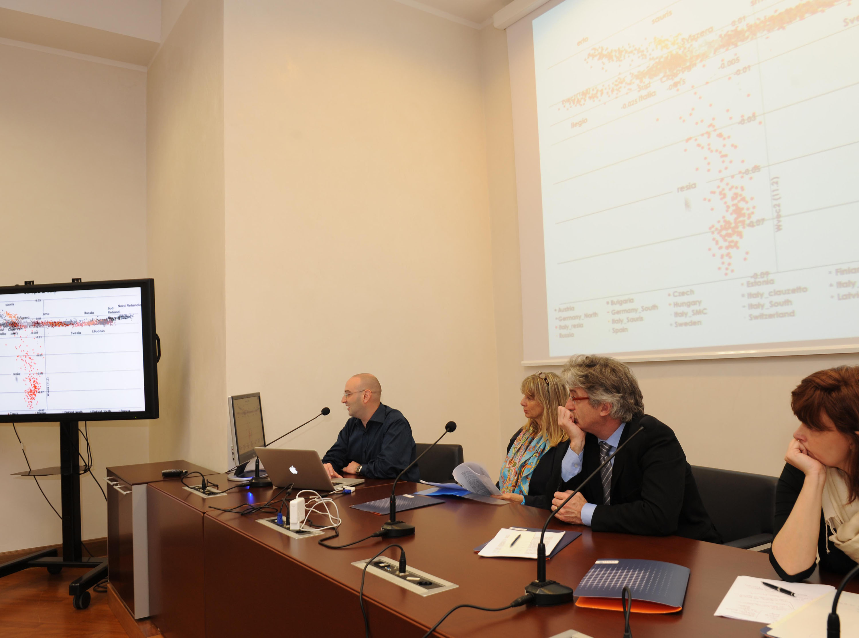 Paolo Gasparini (Università Trieste), Maria Cristina Pedicchio (Presidente Centro Biomedicina molecolare Trieste), Renzo Tondo (Presidente Friuli Venezia Giulia) e Alessia Rosolen (Assessore regionale Ricerca) alla presentazione dei risultati del progetto &quot;Parco genetico del Friuli Venezia Giulia&quot;. (Trieste 11/05/10)