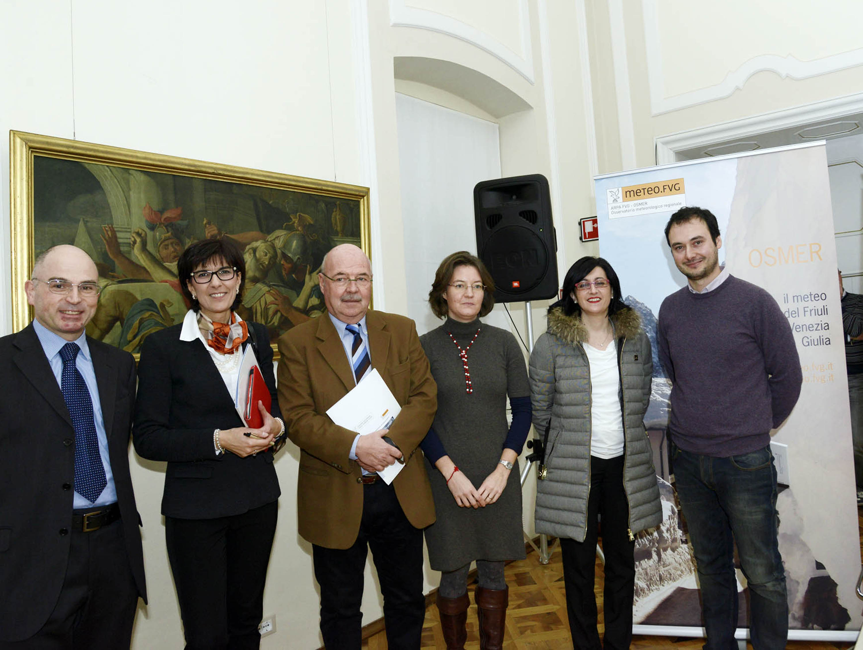 Stefano Micheletti (Direttore OSMER), Anna Toro (Direttore amministrativo ARPA FVG), Fulvio Daris (Direttore tecnico scientifico ARPA FVG), Mara Cernic (Vicepresidente Provincia Gorizia), Sara Vito (Assessore regionale Ambiente) e Tommaso Lessio (Regista) alla presentazione del documentario &quot;Le voci della pioggia&quot;, a Palazzo Attems Petzenstein - Gorizia 09/12/2013