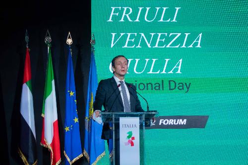 L'intervento del Governatore del Friuli Venezia Giulia Massimiliano Fedriga durante il regional day all'expo di Dubai
