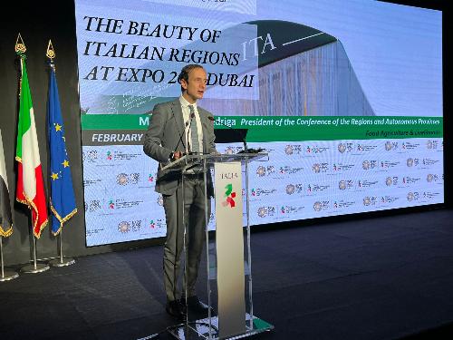 L'intervento del governatore del Fvg, Massimiliano Fedriga, al Padiglione italiano di Expo 2020 Dubai .