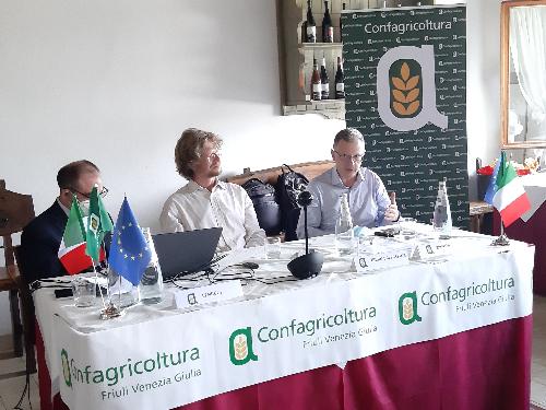 L’assessore regionale alle Risorse agroalimentari, forestali, ittiche e montagna, Stefano Zannier (a destra) all'assemblea di Confagricoltura Fvg