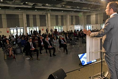 Il governatore del Friuli Venezia Giulia Massimiliano  Fedriga interviene al Trieste Convention Center del Porto Vecchio dopo l'illustrazione del progetto Adria Port