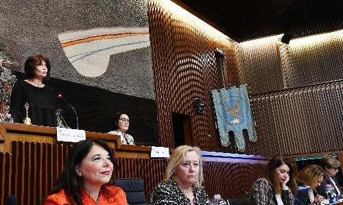 L’assessore regionale al Lavoro, Formazione, Istruzione, Ricerca, Università e Famiglia Alessia Rosolen durante la conferenza nazionale delle presidenti delle Commissioni pari opportunità delle Regioni e Province autonome.