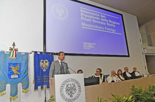L'intervento del governatore Fedriga durante la cerimonia di apertura dell'anno accademico dell'Università di Udine.