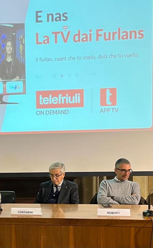 L'assessore regionale alle Lingue minoritarie, Pierpaolo Roberti, interviene alla presentazione in castello a Udine, de "La Tv dai Furlans"