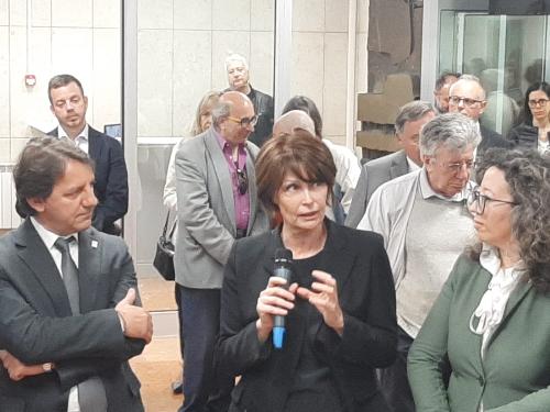 L'assessore regionale al Lavoro Alessia Rosolen (tra il presidente nazionale Inps Pasquale Tridico e il vicesindaco Serena Tonel)  interviene all'inaugurazione della nuova sede Inps di Trieste