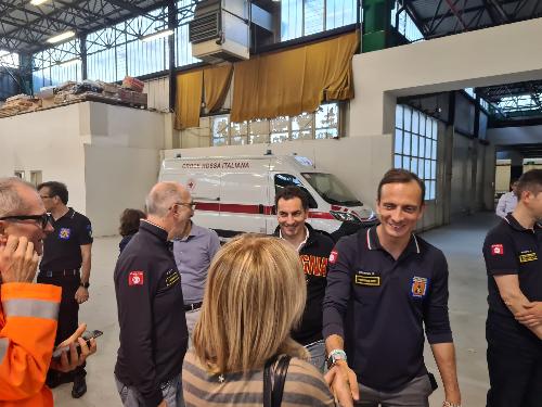 Il governatore Massimiliano Fedriga assieme all’assessore regionale alla Protezione civile Riccardo Riccardi incontra nel punto di raccolta della Fiera di Forlì i volontari della Protezione civile del Friuli Venezia Giulia impegnati nelle operazioni di aiuto nei territori colpiti dalle alluvioni in Emilia-Romagna.