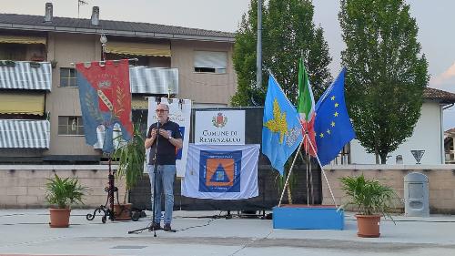 L'assessore regionale con delega alla Protezione civile del Friuli Venezia Giulia Riccardo Riccardi intervenuto a Remanzacco in occasione della serata organizzata per ringraziare tutti i volontari di protezione civile e i funzionari della Pcr Fvg che hanno preso parte alla missione in Emilia Romagna, "Romagna Mia", promossa anche per raccogliere fondi a favore delle popolazioni colpite dalla calamità tramite una cena di beneficenza. 