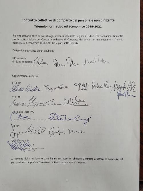 La prima pagina del Contratto collettivo di Comparto del personale non dirigente per triennio normativo ed economico 2019-2021