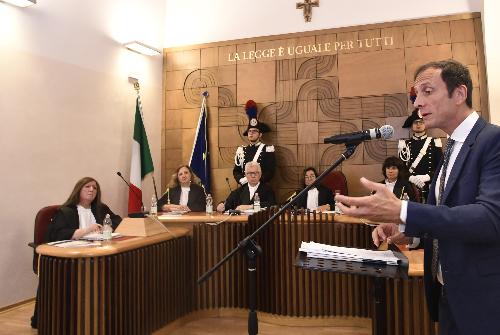 Il governatore del Friuli Venezia Giulia, Massimiliano Fedriga nel corso dell’udienza per il giudizio di parificazione del rendiconto generale della Regione Friuli Venezia Giulia per l’esercizio finanziario 2022 da parte della Corte dei Conti.