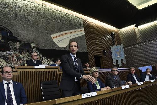 Il governatore del Friuli Venezia Giulia Massimiliano Fedriga in Consiglio dopo la riunione di Giunta regionale