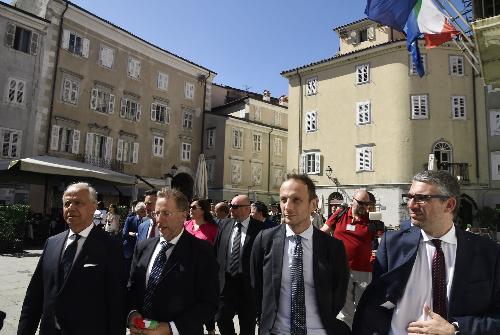 Da sinistra: il ministro dell'Interno Matteo Piantedosi, il sindaco di Muggia Paolo Polidori, il governatore del Fvg Massimiliano Fedriga e l'assessore regionale allaSicurezza Pierpaolo Roberti