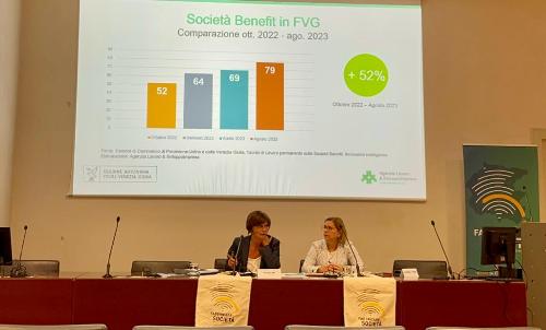 L'assessore regionale al Lavoro, Università ricerca Alessia Rosolen alla presentazione della seconda edizione di Fabbricare Società, il forum nazionale dedicato alle società benefit, assieme al direttore dell'Agenzia Lavoro & SviluppoImpresa Lydia Alessio Vernì.