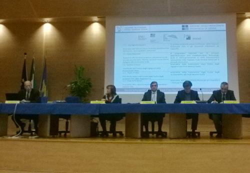 Relatori al seminario sull'Infrastruttura Regionale dei Dati Ambientali e Territoriali (IRDAT FVG) del Friuli Venezia Giulia, nell'Auditorium della Regione - Udine 29/10/2014