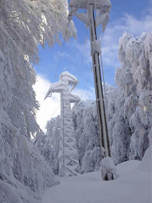 Un traliccio dell'ENEL coperto di neve (Foto ENEL)