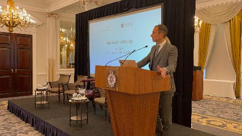 Il governatore del Friuli Venezia Giulia Massimiliano Fedriga  a Londra alla prima edizione del Moving to Italy