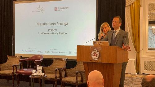 Il governatore del Friuli Venezia Giulia Massimiliano Fedriga  a Londra alla prima edizione del Moving to Italy