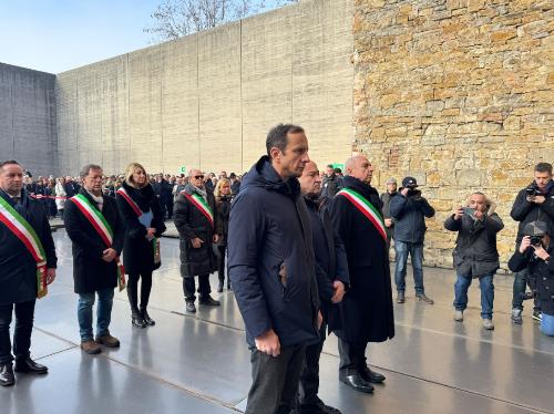 Il governatore Massimiliano Fedriga alla cerimonia per il Giorno della Memoria che si è tenuta oggi Risiera di San Sabba a Trieste.