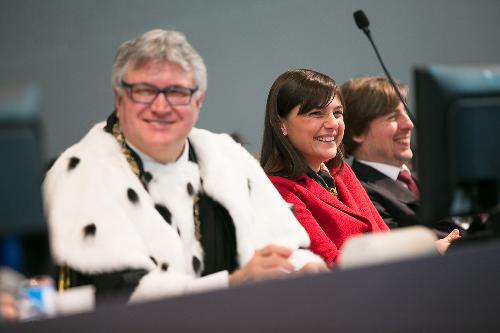 Alberto Felice De Toni (Rettore Università Udine), Debora Serracchiani (Presidente Regione Friuli Venezia Giulia) e Daniele Livon (Direttore generale Programmazione MIUR) alla cerimonia d'inaugurazione del XXXVII Anno Accademico dell'Università - Udine 19/01/2015