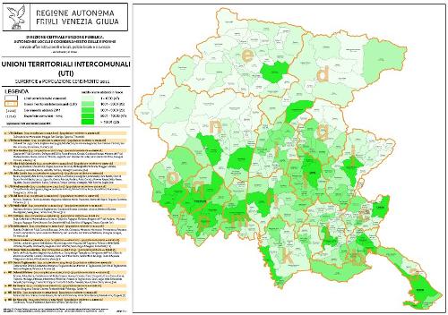 Mappa delle Unioni Territoriali Intercomunali (UTI), superficie e popolazione (censimento 2011)