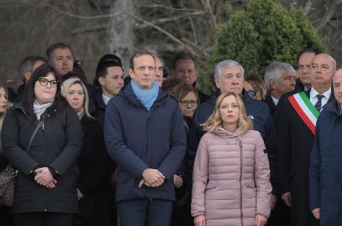 Il governatore Fedriga insieme al presidente del Consiglio Giorgia Meloni alla cerimonia per il Giorno del ricordo a Basovizza.