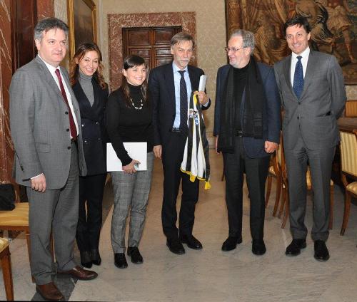 Debora Serracchiani (Presidente Regione Friuli Venezia Giulia), Graziano Delrio (Sottosegretario Presidenza Consiglio Ministri) e Gianpaolo Pozzo (Patron Udinese Calcio) - Roma 11/02/2015