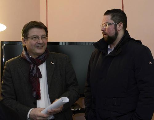 Enrico Gherghetta (Presidente Provincia Gorizia) e Alessio Gratton (Presidente II Commissione consiliare) all'incontro con i rappresentanti delle istituzioni, dei sindacati e delle categorie economiche per il rilancio economico dell'Isontino, nella sede della Regione FVG - Gorizia 25/02/2015