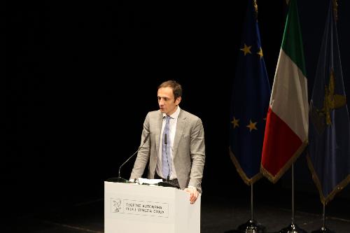 Il governatore Massimiliano Fedriga interviene a Pordenone in occasione della firma dell'Accordo di coesione con la presidente del Consiglio Giorgia Meloni
