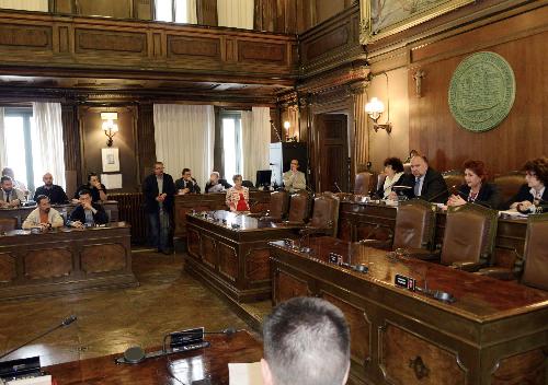 Loredana Panariti (Assessore regionale Lavoro), Roberto Cosolini (Sindaco Trieste), Teresa Bellanova (Sottosegretaria Ministero Lavoro) e Adele Pino (Assessore Lavoro Provincia Trieste) all'incontro sulla situazione di Alcatel-Lucent, in Municipio - Trieste 15/05/2015