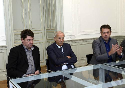I sindaci Milan Turk (Šempeter-Vrtojba), Ettore Romoli (Gorizia) e Matej Arcon (Nova Gorica) nella sede della Presidenza della Regione FVG - Trieste 22/05/2015