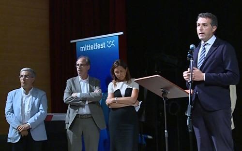 Pietro Fontanini (Presidente Provincia Udine), Gianni Torrenti (Assessore regionale Cultura), Michela Del Piero (Presidente Banca Popolare Cividale) e Stefano Balloch (Sindaco Cividale) all'inaugurazione della XXIV edizione di Mittelfest "Il Colore dell'Acqua" - Cividale del Friuli 18/07/2015