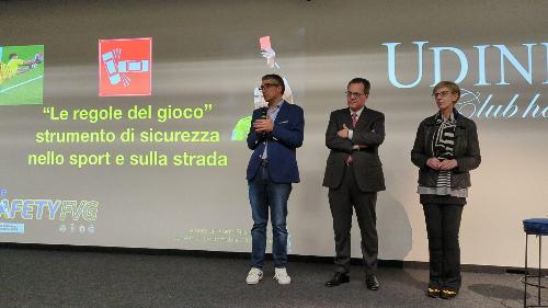 L'assessore alla Sicurezza del Friuli Venezia Giulia Pierpaolo Roberti all'auditorium del Bluenergy Stadium di Udine alla giornata di formazione "Le regole del gioco. Strumento di sicurezza nello sport e sulla strada"