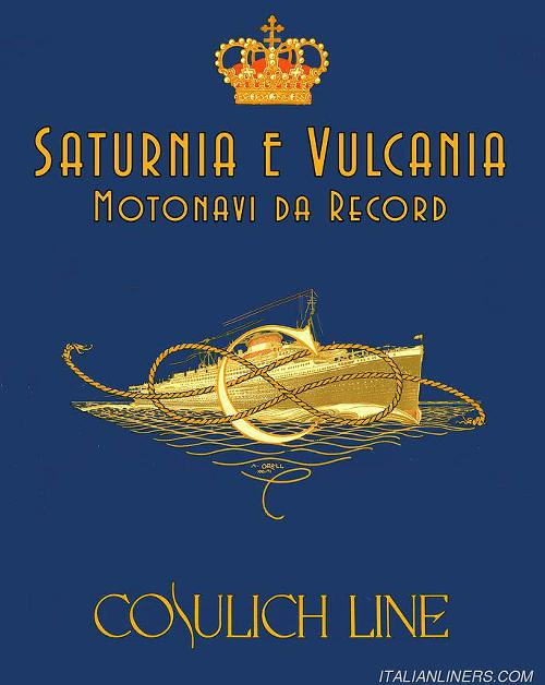 Manifesto della mostra "Saturnia e Vulcania: motonavi da record" visitabile a Monfalcone, alla Galleria d'Arte Contemporanea dal 4 al 20 settembre 2015 (Foto Italian Liners)