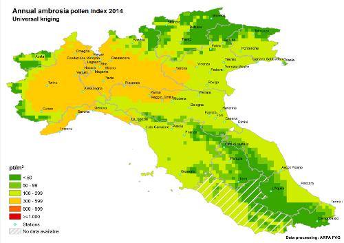 Diffusione di Ambrosia artemisiifolia nell'Italia Centrosettentrionale [Dato elaborato da ARPA FVG, tratto da ISPRA Annuario dei dati ambientali 2014-2015 (http://annuario.isprambiente.it/tematiche-primo-piano-2014-2015)]
