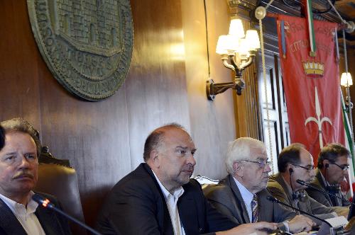 Roberto Cosolini (Sindaco Trieste), Bojan Brezigar (Presidente Società editrice Primorski dnevnik) e Gianni Torrenti (Assessore regionale Cultura) interviene all'evento conclusivo dei festeggiamenti per i 70 anni del quotidiano in lingua slovena Primorski Dnevnik, nella Sala del Consiglio comunale - Trieste 19/09/2015