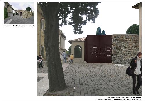 Simulazione fotografica del Progetto di riqualificazione del sito conosciuto come ex Stalla Violin sul lato Nord di piazza Capitolo ad Aquileia (Immagine Fondazione Aquileia)