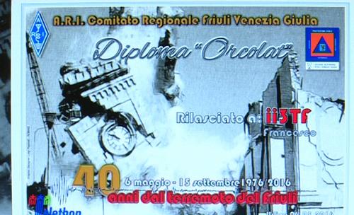 Presentazione del diploma a carattere temporaneo denominato Orcolat istituito dal Comitato regionale A.R.I. FVG, a 40 anni dal terremoto del Friuli, nella sede della Protezione civile - Palmanova 14/04/2016