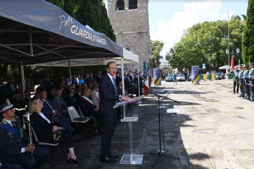L'intervento del governatore del Friuli Venezia Giulia Massimiliano Fedriga nel corso della cerimonia per il 250° anniversario di fondazione della Guardia di Finanza che si è tenuta a Trieste sul colle di San Giusto.
