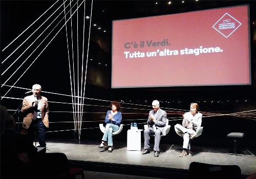 Sergio Bolzonello (Vicepresidente Regione FVG), Paola Macchi (Direttrice Prosa Verdi PN), Giovanni Lessio (Presidente Verdi PN) e Maurizio Baglini (Direttore Musica e danza Verdi PN) al Teatro Comunale Giuseppe Verdi per la presentazione della Stagione 2016-2017 - Pordenone 28/06/2016