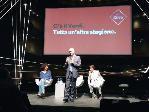 Paola Macchi (Direttrice Prosa Verdi PN), Giovanni Lessio (Presidente Verdi PN) e Maurizio Baglini (Direttore Musica e danza Verdi PN) al Teatro Comunale Giuseppe Verdi per la presentazione della Stagione 2016-2017 - Pordenone 28/06/2016