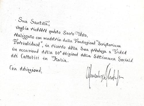 La dedica riportata sulla Bibbia donata dalla Regione al Santo Padre