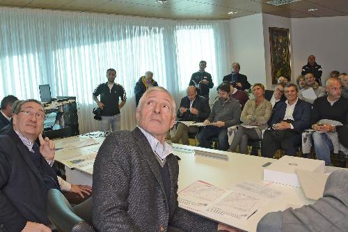 Sergio Bolzonello (Vicepresidente Regione FVG e assessore Attività produttive, Turismo e Cooperazione) e Francesco Moser alla presentazione delle iniziative ciclistiche per il 2017 in Friuli Venezia Giulia - Udine 06/12/2016