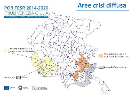 Mappa delle aree di crisi diffusa interessate dagli investimenti del POR FESR 2014-2020: Isontino, Distretto del Mobile e del Distretto della Sedia