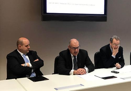 Vittorino Boem (Consigliere regionale), Marco Tullio Petrangelo (Direttore generale PromoTurismo FVG) e Sergio Bolzonello (Vicepresidente Regione FVG e assessore Attività produttive, Turismo e Cooperazione) alla presentazione del progetto "La Strada del Vino e dei Sapori del Friuli Venezia Giulia" - Udine 22/02/2017